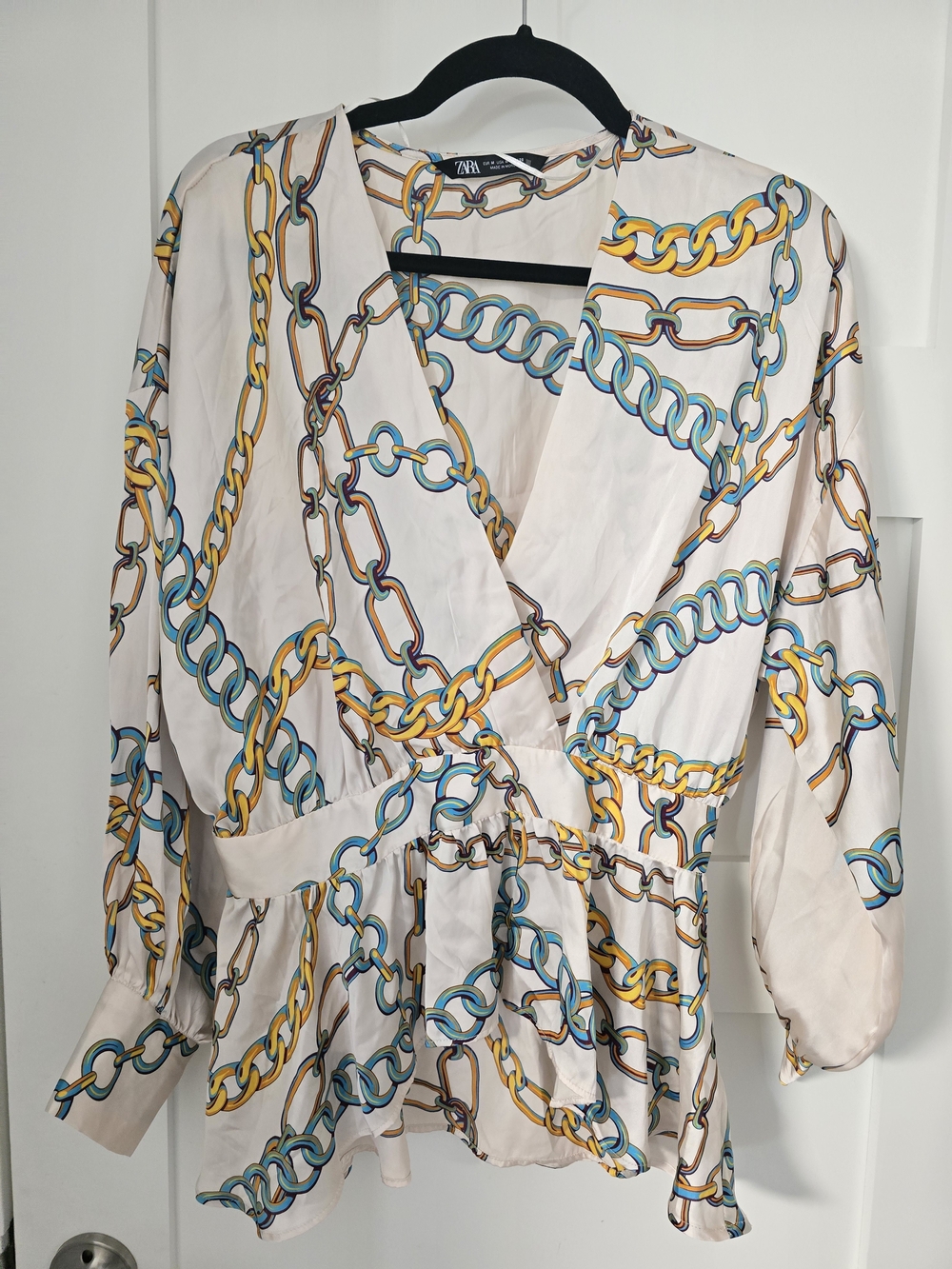 Zara Cream Wrap Blouse with Blue and Gold Chain Print